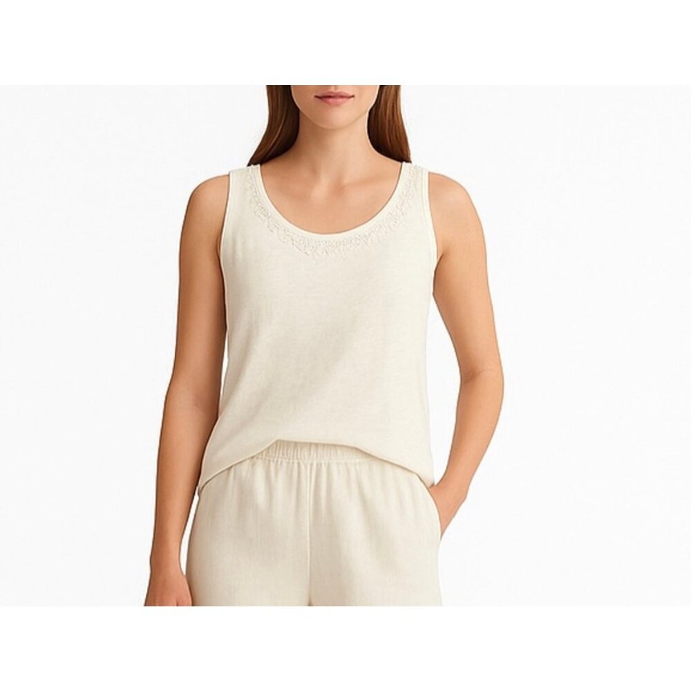 Eileen Fisher Women’s Linen Tank Embellished Neckline Small Beige - Picture 1 of 6
